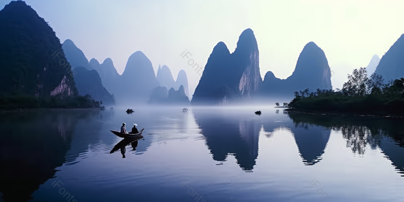 暗色浓雾山水画划船渔夫船只风景背景,高清,摄影图,摄影图片,图片大全,摄影图免费下载